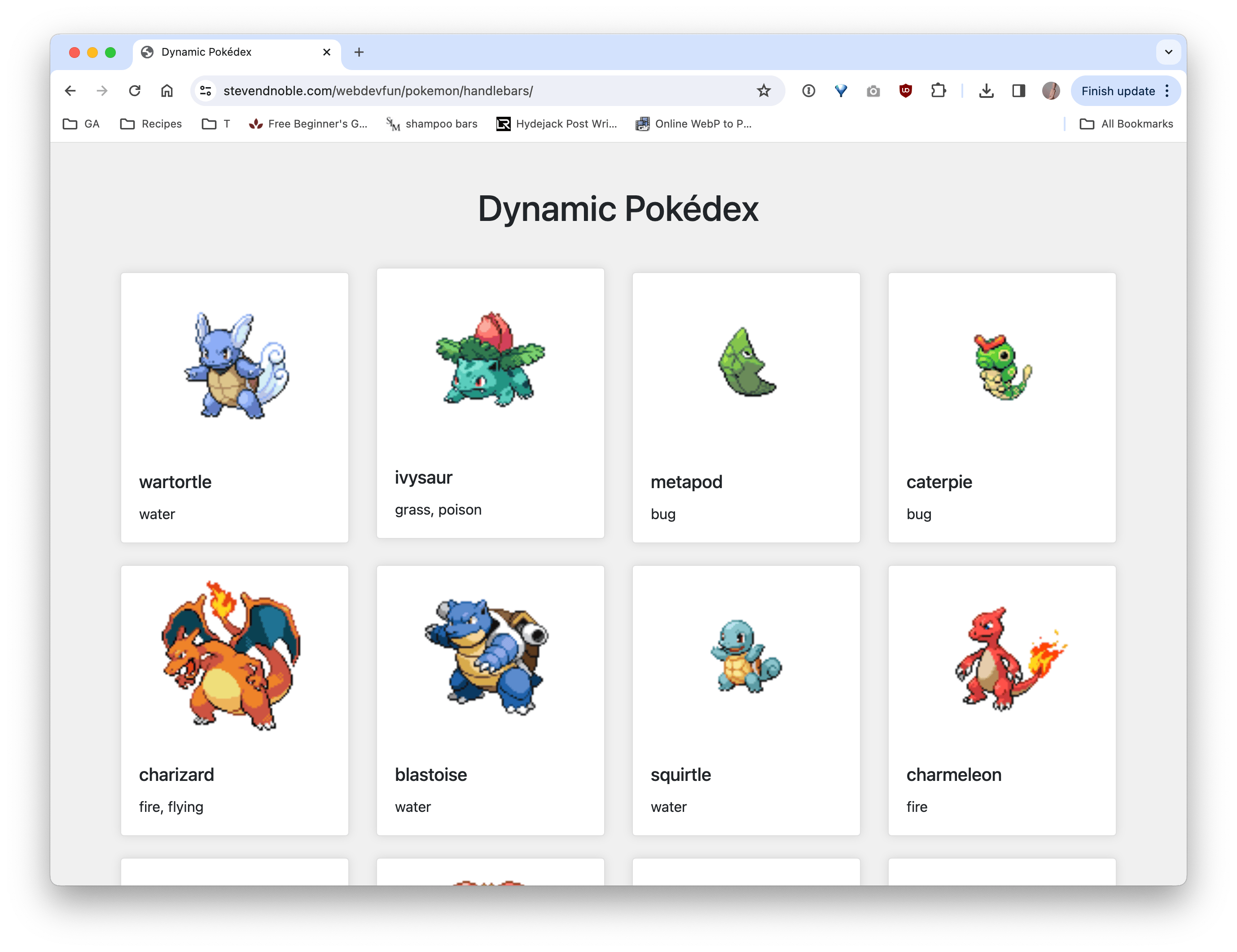 Handlebars Templating Pokédex Website Screenshot